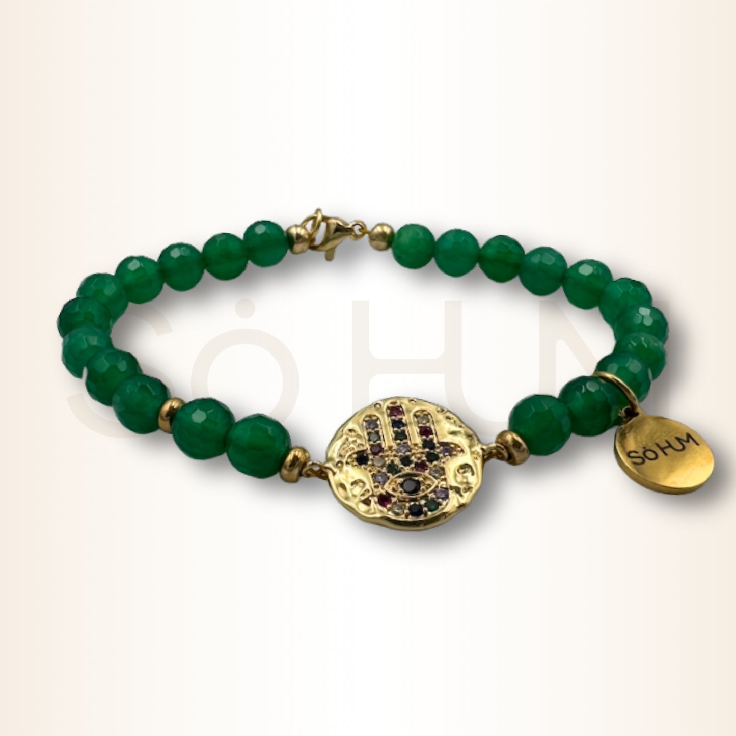 Brățară cu Agat verde și Hamsa pentru protecție