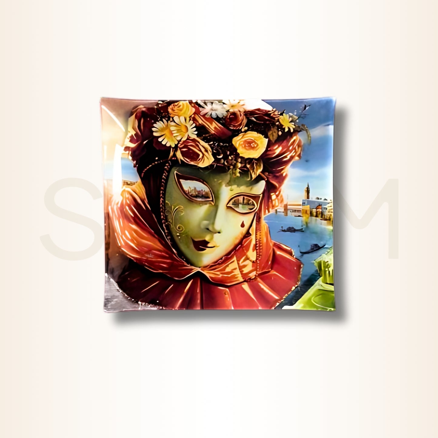 Farfurie decor cu mască venețiană și flori - pentru renaștere, feminitate și blândețe