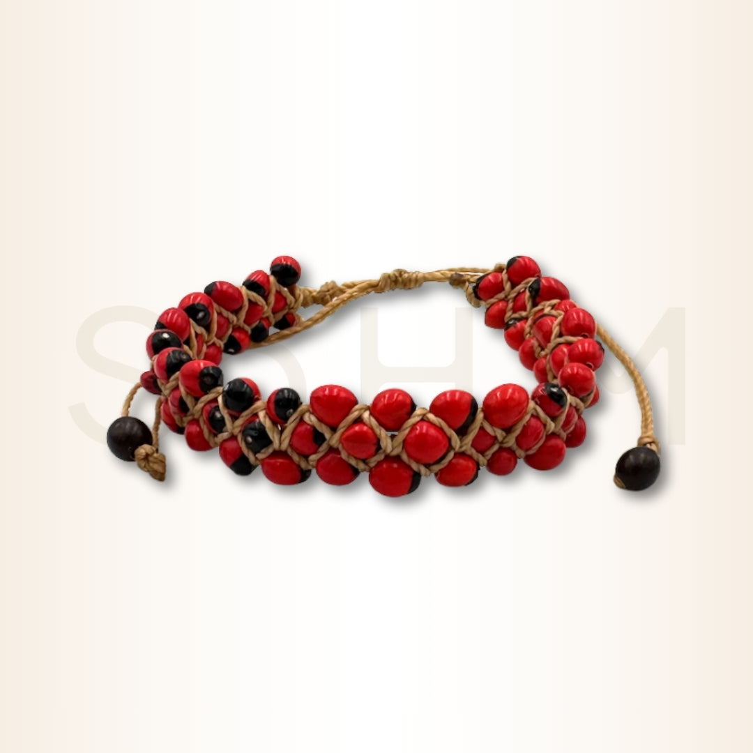 Brățară peruană împletită cu semințe Huayruro mici (3 rânduri) pentru protecție și prosperitate