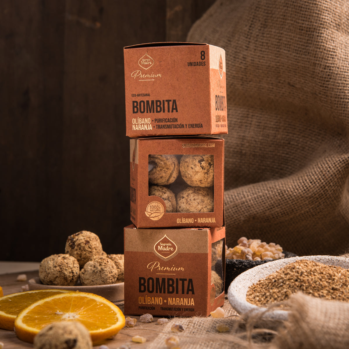 Bombe de fumigație Premium x8 cu Tămâie și Portocală pentru revitalizare și creativitate (SAGRADA MADRE - Bombitas Defumacion Premium)