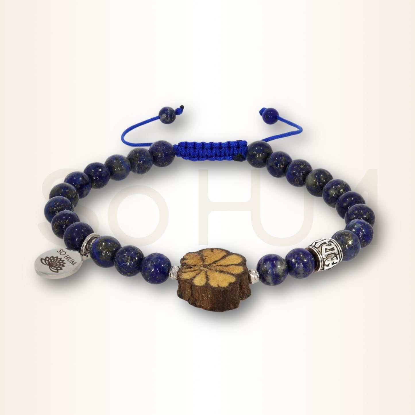 Brățară Șamanică cu mantra Om Mani Padme Hum, lemn de Ayahuasca și Lapis Lazuli pentru echilibru și protecție