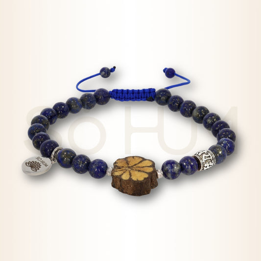 Brățară Șamanică cu mantra Om Mani Padme Hum, lemn de Ayahuasca și Lapis Lazuli pentru echilibru și protecție