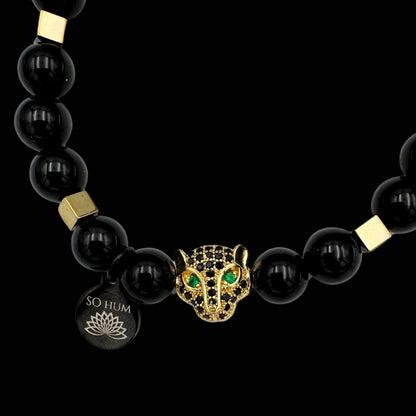 Brățară cu Arhetipul Șamanic al Jaguarului, Onix și Hematit auriu pentru claritate și putere