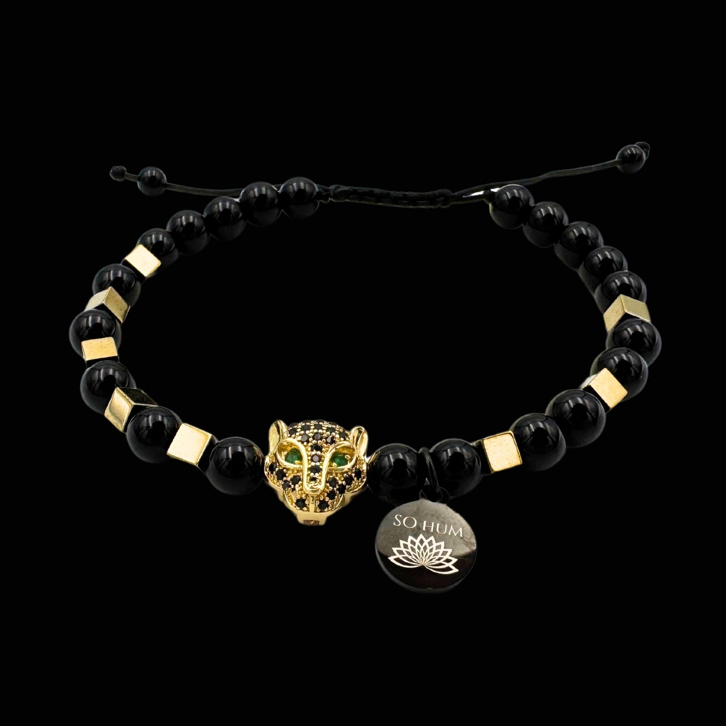Brățară cu Arhetipul Șamanic al Jaguarului, Onix și Hematit auriu pentru claritate și putere
