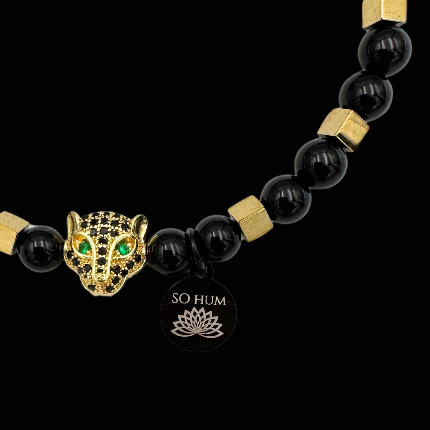 Brățară cu Arhetipul Șamanic al Jaguarului, Onix și Hematit auriu pentru claritate și putere