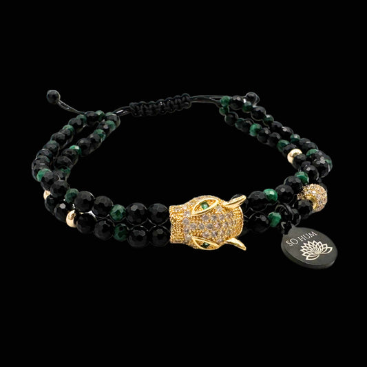 Brățară cu Arhetipul Șamanic al Jaguarului, cu Onix fațetat și Malachit fațetat pentru protecție și putere