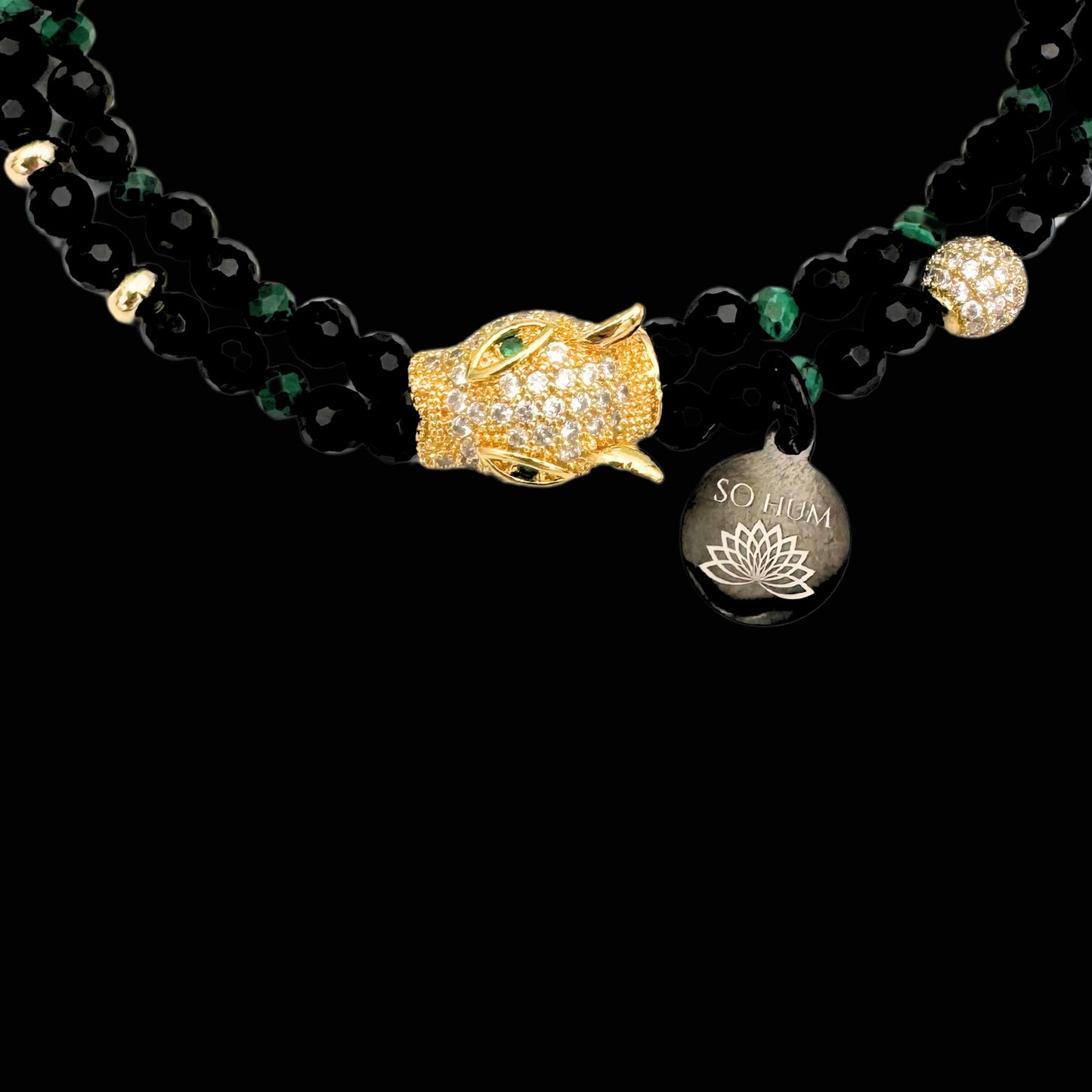 Brățară cu Arhetipul Șamanic al Jaguarului, cu Onix fațetat și Malachit fațetat pentru protecție și putere