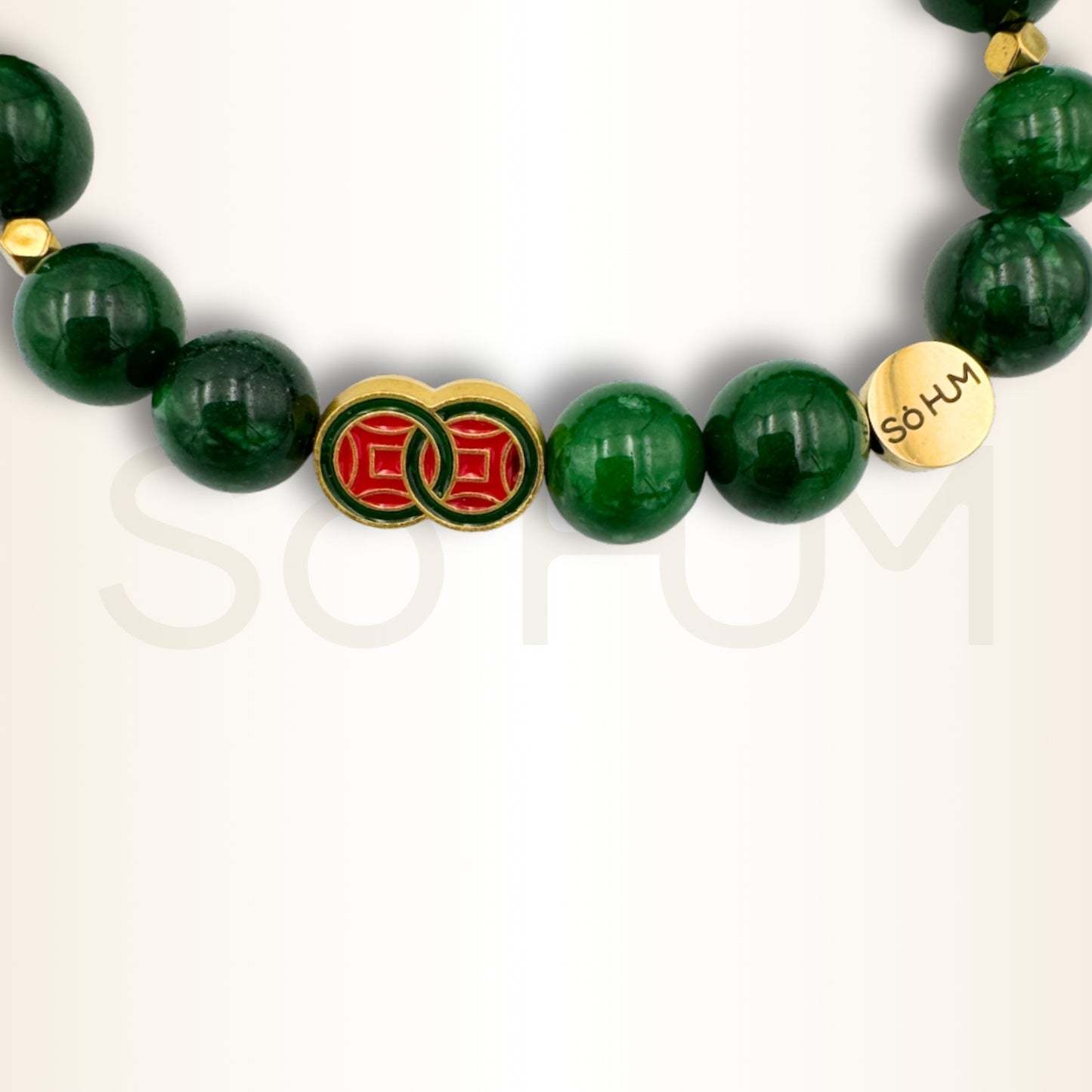 Brățară cu Jad verde și simbolul banilor infiniți pentru bogăție nelimitată