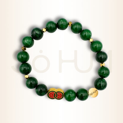 Brățară cu Jad verde și simbolul banilor infiniți pentru bogăție nelimitată