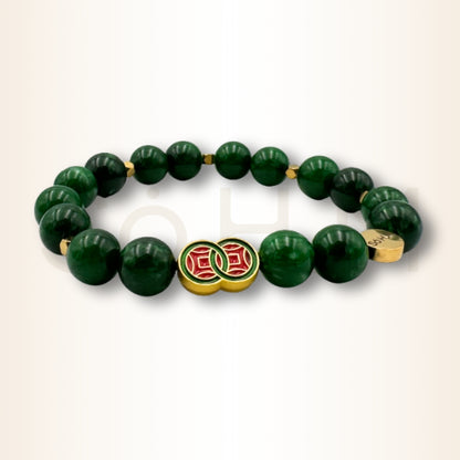 Brățară cu Jad verde și simbolul banilor infiniți pentru bogăție nelimitată