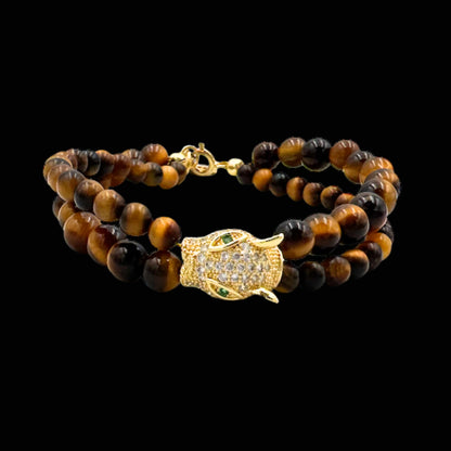 Brățară cu Jaguar (Arhetip Șamanic) și Ochi de Tigru pentru forță și încredere în sine