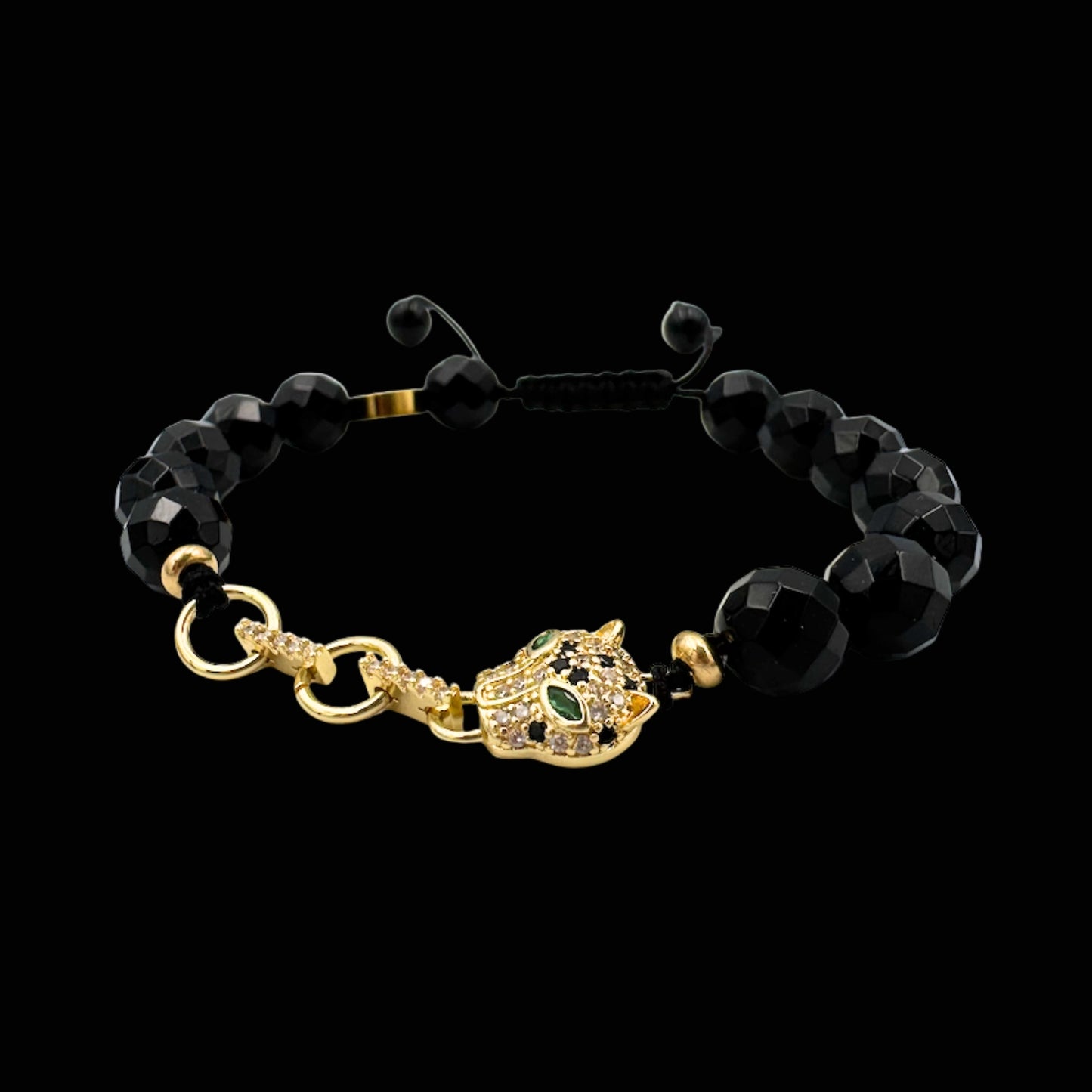 Brățară cu Jaguar (Arhetip Șamanic) și Onix Negru fațetat pentru forță și istețime