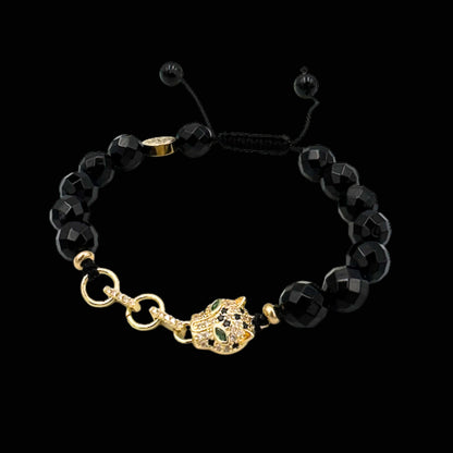Brățară cu Jaguar (Arhetip Șamanic) și Onix Negru fațetat pentru forță și istețime