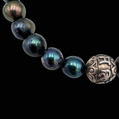 Brățară cu mantra Om Mani Padme Hum și Perle negre pentru protecție și compasiune