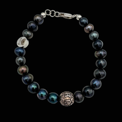 Brățară cu mantra Om Mani Padme Hum și Perle negre pentru protecție și compasiune
