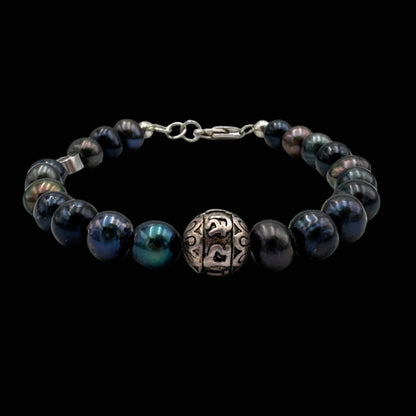 Brățară cu mantra Om Mani Padme Hum și Perle negre pentru protecție și compasiune