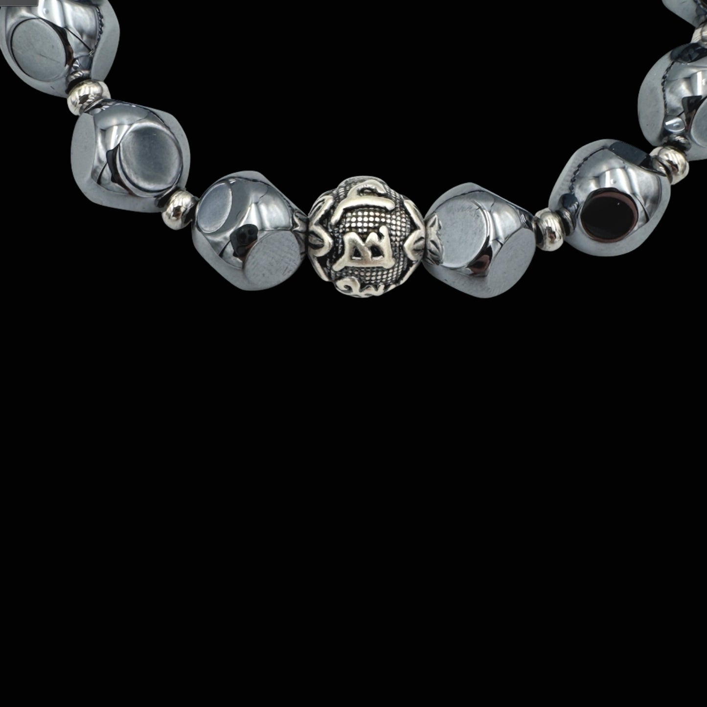 Brățară cu mantra Om Mani Padme Hum și cristale mari de Terahertz pentru protecție, claritate și echilibru mental