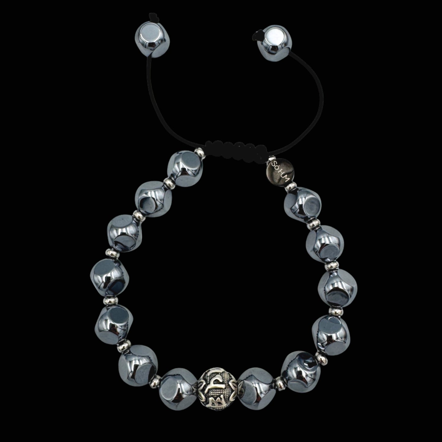 Brățară cu mantra Om Mani Padme Hum și cristale mari de Terahertz pentru protecție, claritate și echilibru mental