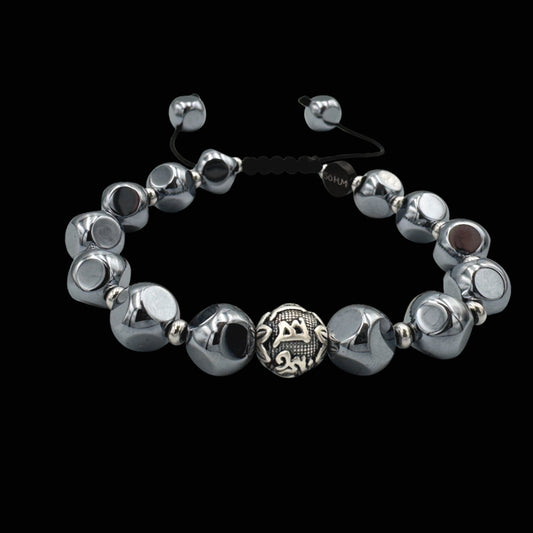 Brățară cu mantra Om Mani Padme Hum și cristale mari de Terahertz pentru protecție, claritate și echilibru mental