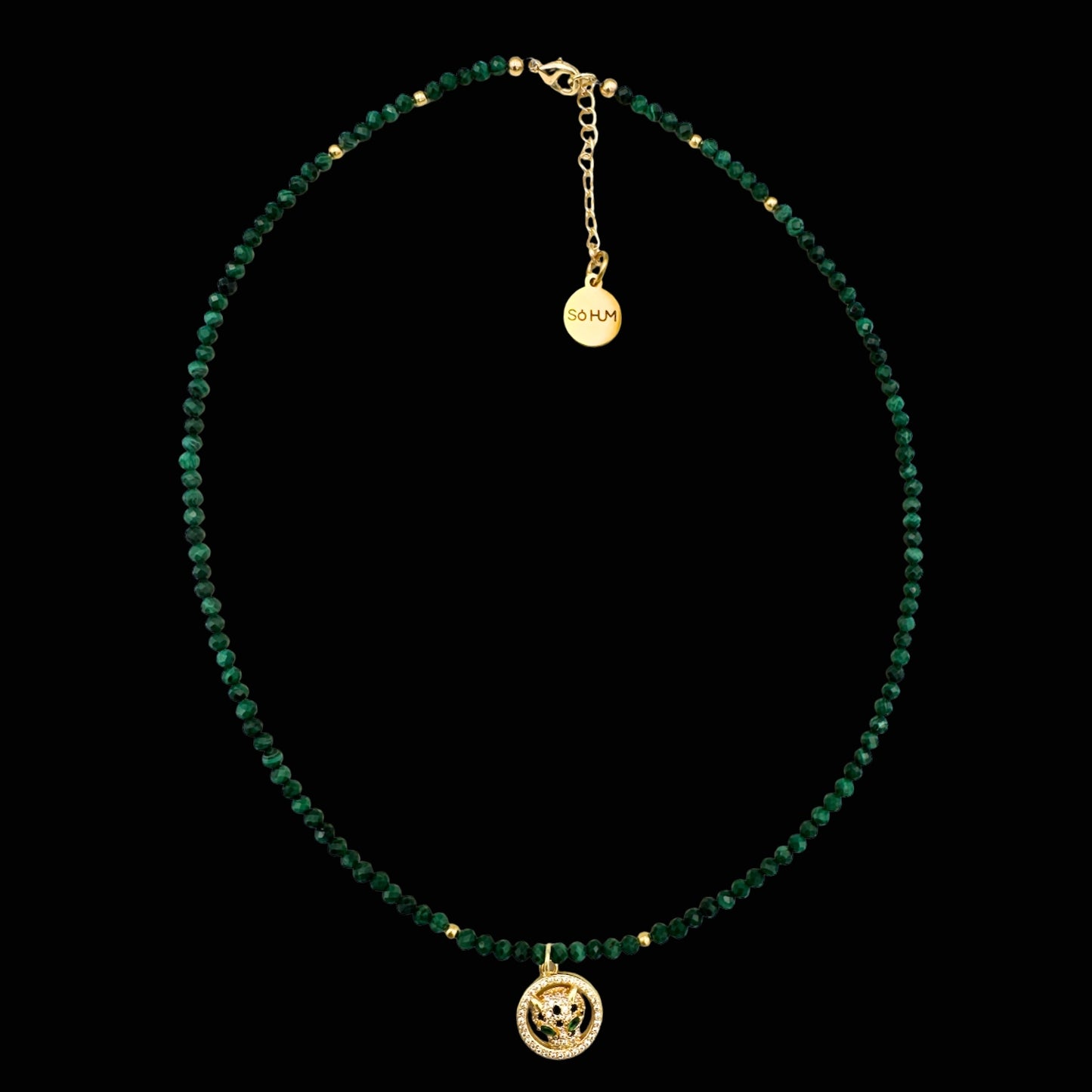 Colier cu Jaguar (Arhetip Șamanic) și Malachit fațetat pentru putere și vitalitate