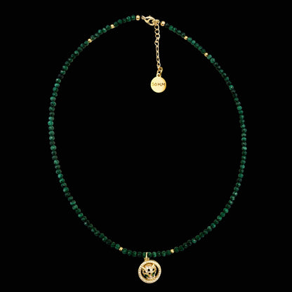 Colier cu Jaguar (Arhetip Șamanic) și Malachit fațetat pentru putere și vitalitate