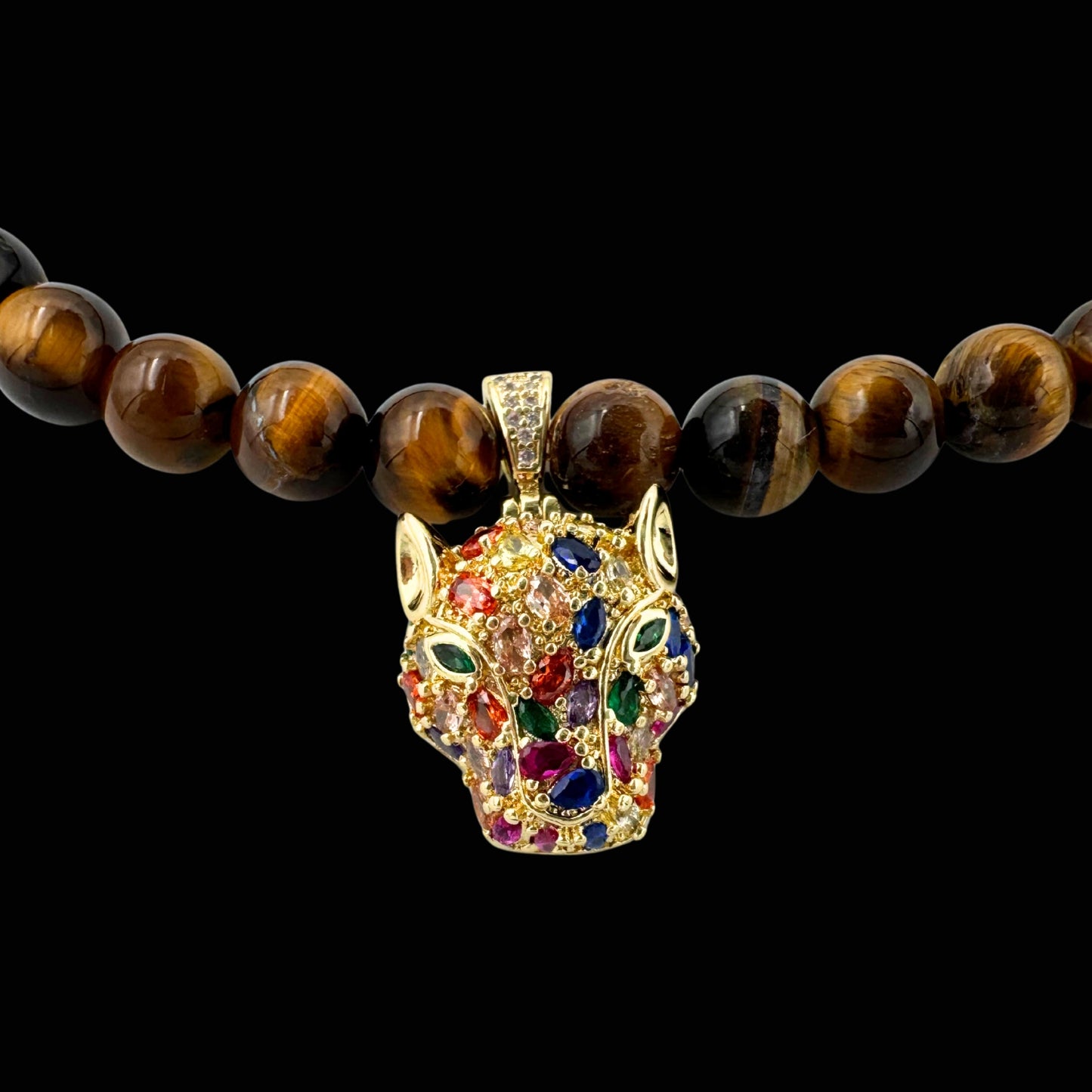 Colier cu Jaguar (Arhetip Șamanic) și Ochi de tigru pentru forță și încredere în sine