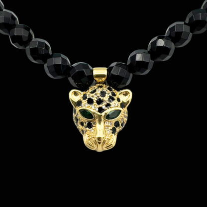 Colier cu Jaguar (Arhetip Șamanic) și Onix Negru fațetat pentru forță și istețime