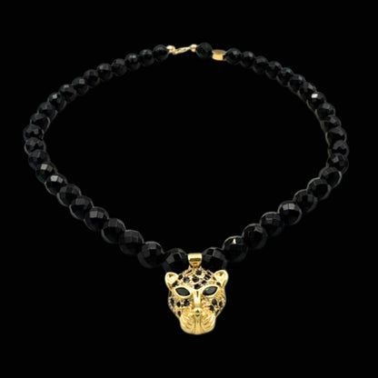 Colier cu Jaguar (Arhetip Șamanic) și Onix Negru fațetat pentru forță și istețime