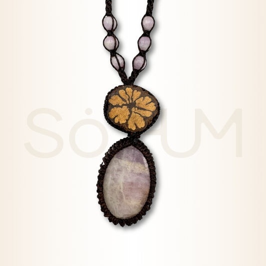 Colier cu Lemn de Ayahuasca și Kunzit pentru vindecare emoțională, blândețe și deschidere a inimii