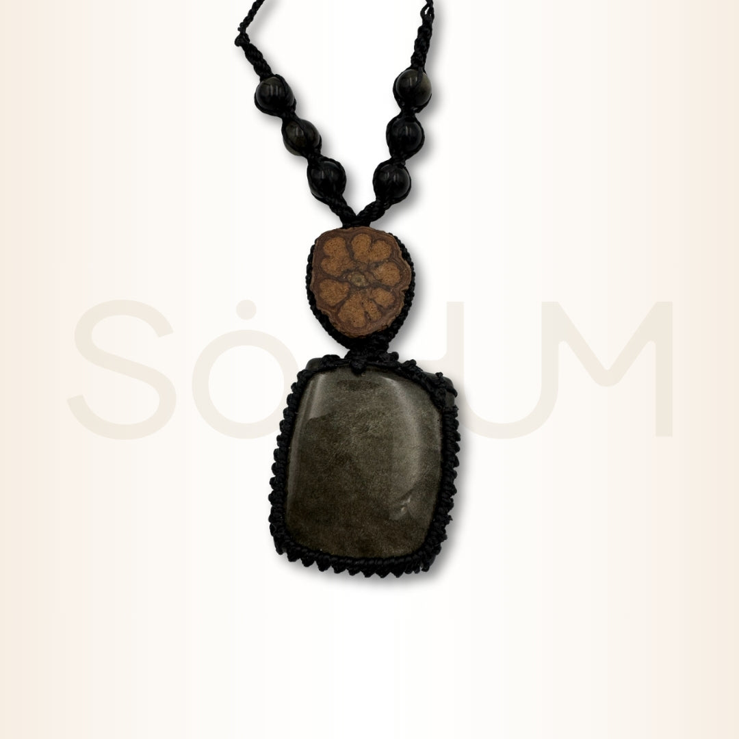 Colier cu Lemn de Ayahuasca și Obsidian Auriu pentru claritate interioară și protecție energetică