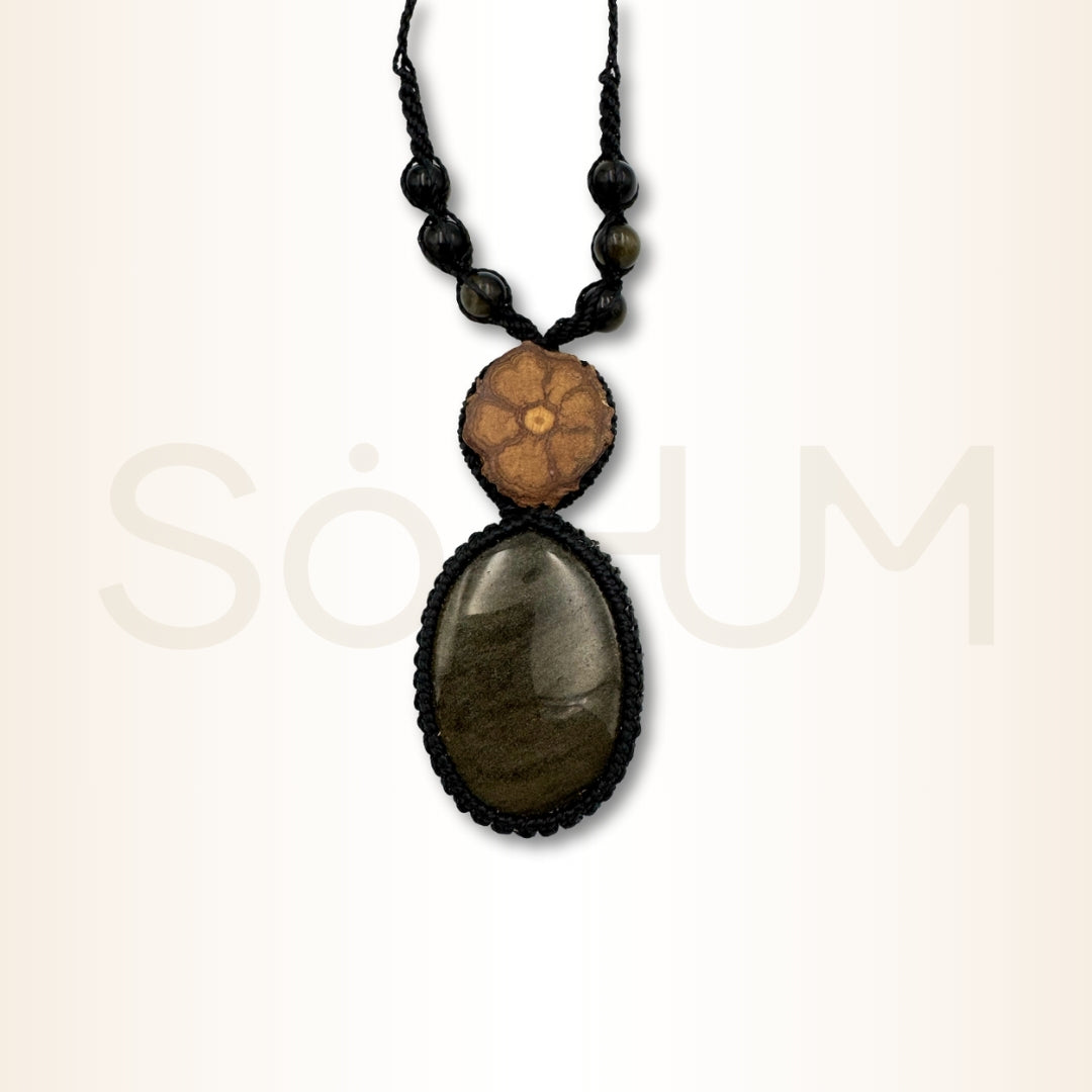 Colier cu Lemn de Ayahuasca și Obsidian Auriu pentru claritate interioară și protecție energetică