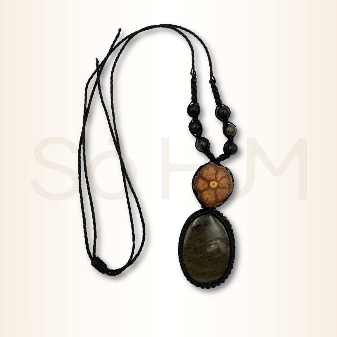 Colier cu Lemn de Ayahuasca și Obsidian Auriu pentru claritate interioară și protecție energetică
