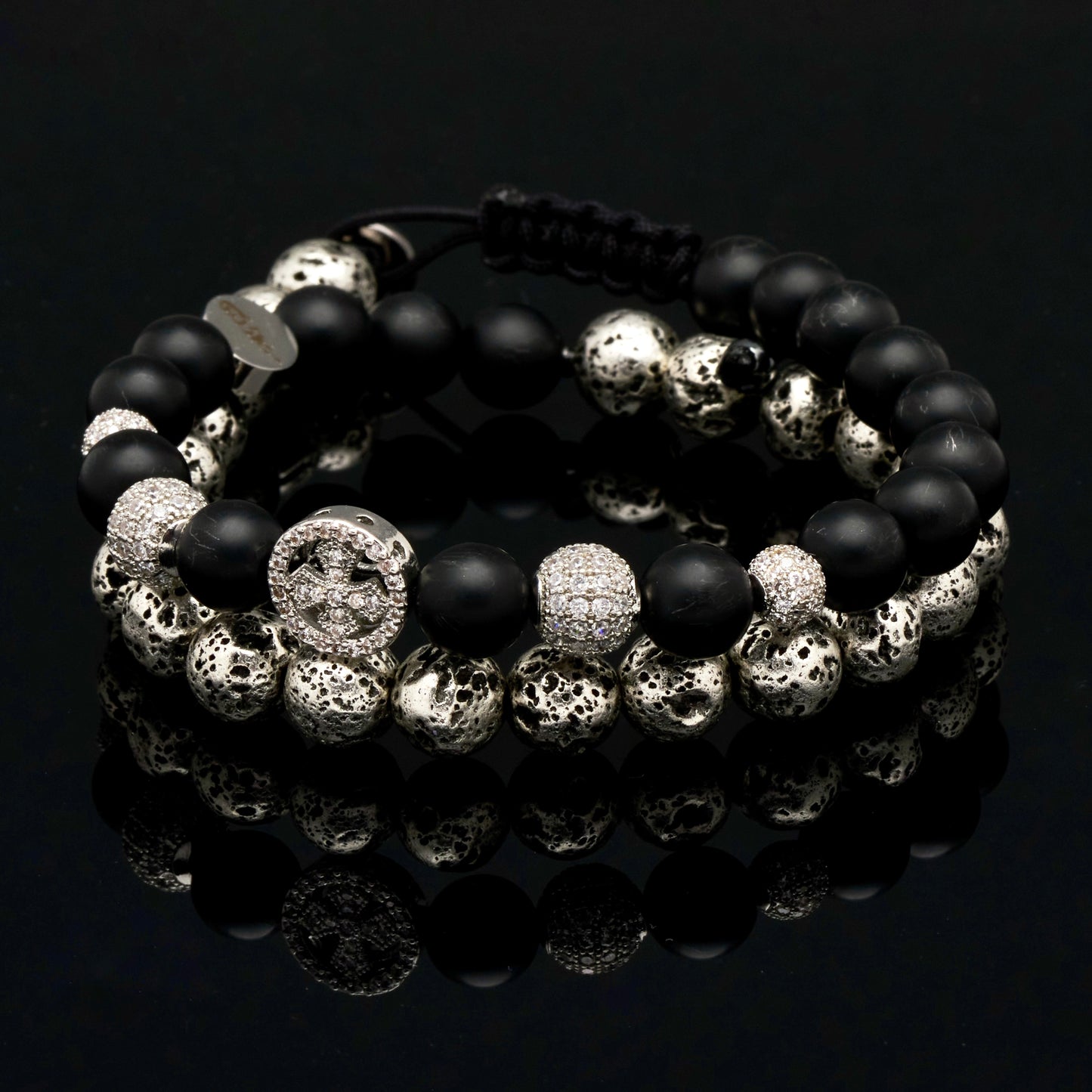 Brățară dublă cu Crucea Celtică, rocă vulcanică și cristale mate de Onix negru pentru putere personală