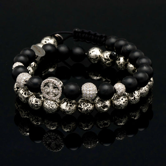 Brățară dublă cu Crucea Celtică, rocă vulcanică și cristale mate de Onix negru pentru putere personală