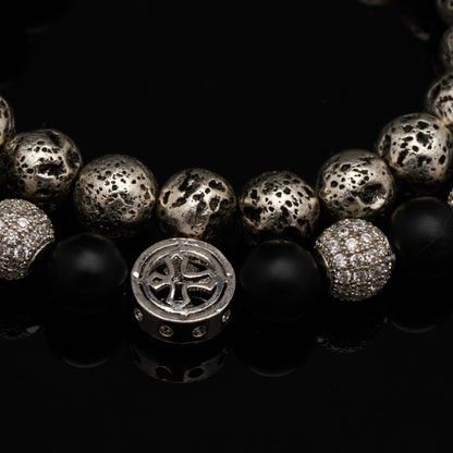 Brățară dublă cu Crucea Celtică, rocă vulcanică și cristale mate de Onix negru pentru putere personală