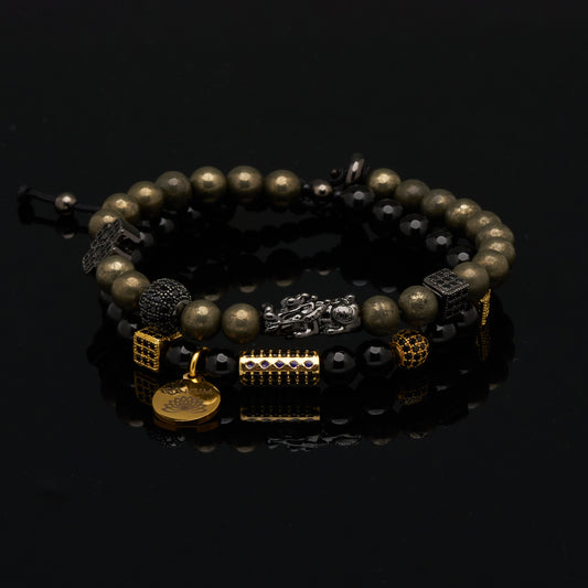 Brățară cu cristale naturale de Pirită și Onix pentru stimularea energiei financiare