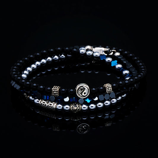 Brățară triplă cu mantre de protecție, simbolul Yin Yang, cristale de Spinel, Terahertz, Onix și Hematit pentru flux de bani și echilibru