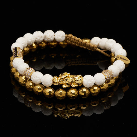 Brățară dublă cu Pi Xiu Auriu, rocă vulcanică și Hematit pentru atracția banilor